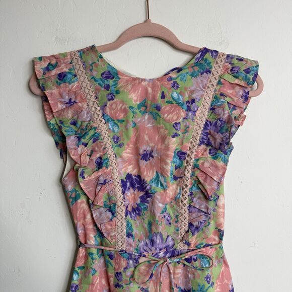 Indikah Angel Biba Womens XS Tiered Ruffle Open Back Colorful Floral Mini Dress - Picture 6 of 16